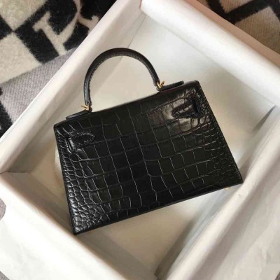 Hermes Kelly Mini II Bag In Black Embossed Crocodile Calfskin