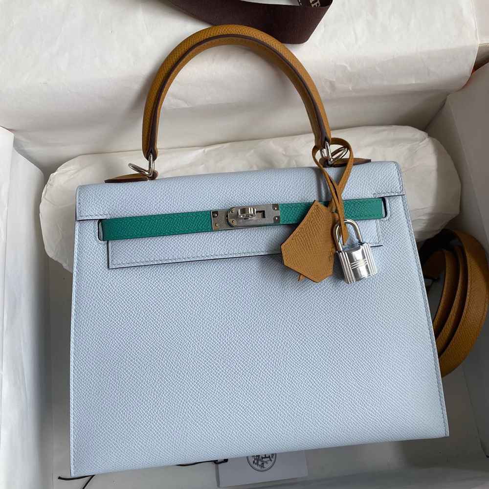 Hermes Kelly Sellier 25 Tricolor Bag in Blue Green SesameEpsom Calfskin