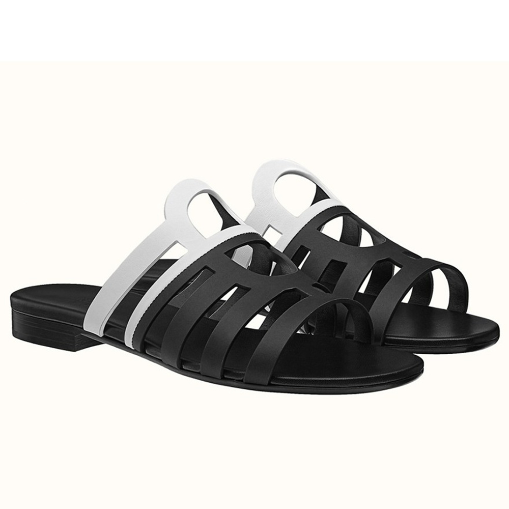 Hermes Camelia Slide Sandals In Black White Calfskin