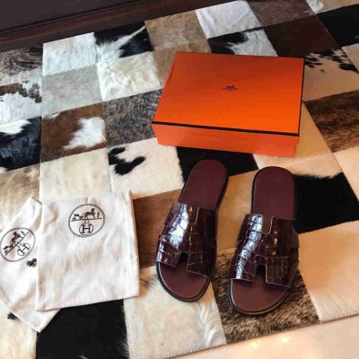 Hermes Izmir Sandals In Bordeaux Shiny Niloticus Crocodile Leather