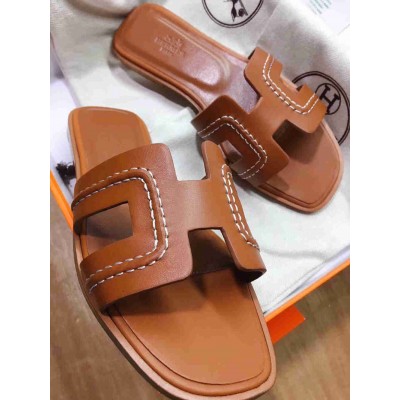 Hermes Oran Slide Sandals In Brown Leather With Stitched