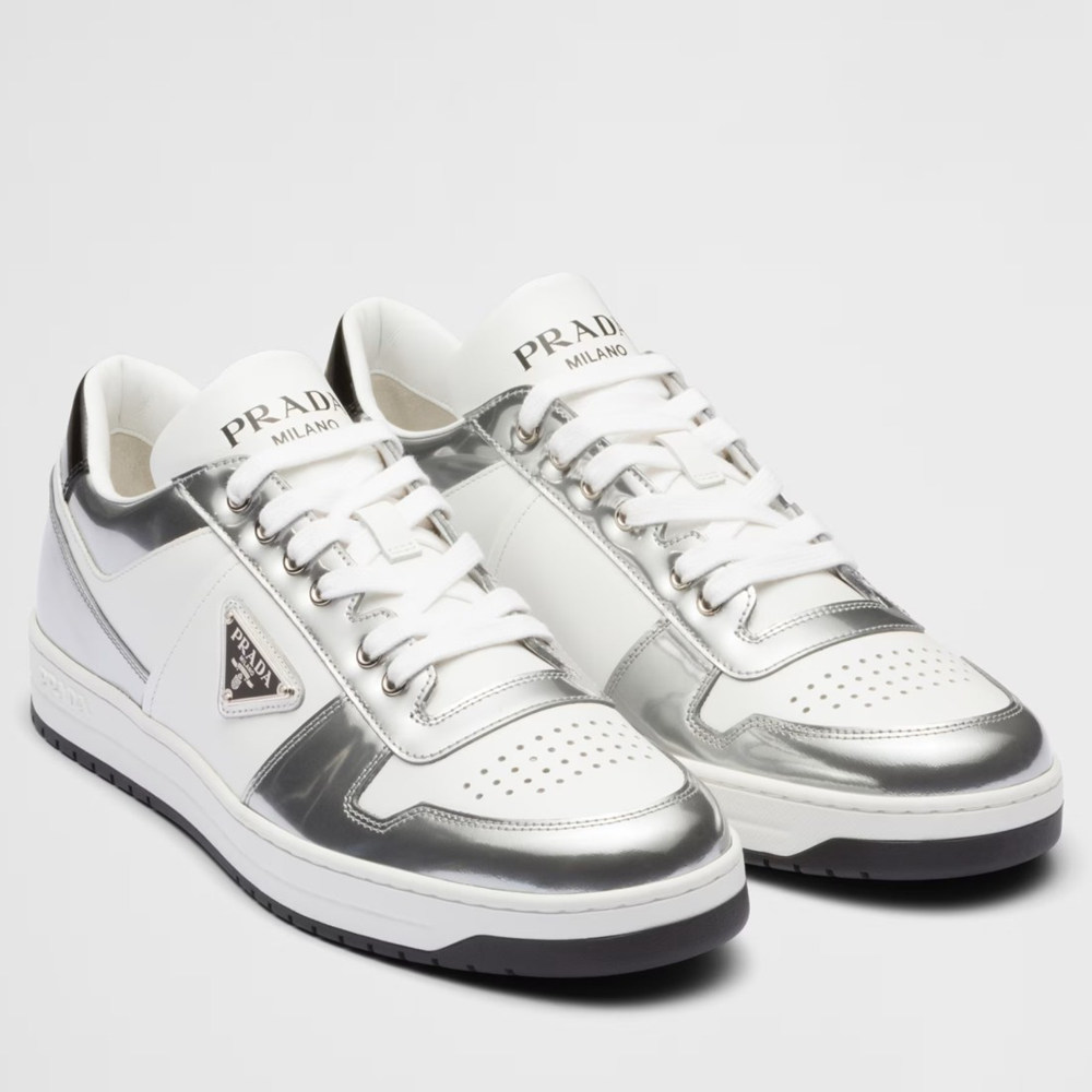 Prada Downtown Sneakers in White and Silver Leather