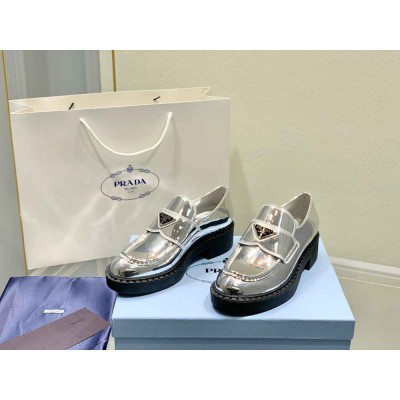 Prada Loafers In Silver Metallic Leather