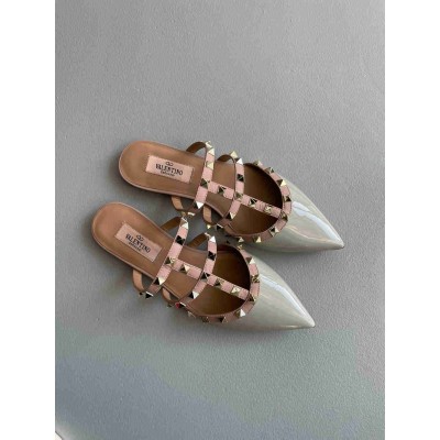 Valentino Rockstud Flat Mules In Opal-grey Patent Leather