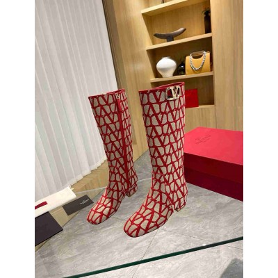 Valentino VLogo Type Knee Boots in Red Toile Iconographe fabric
