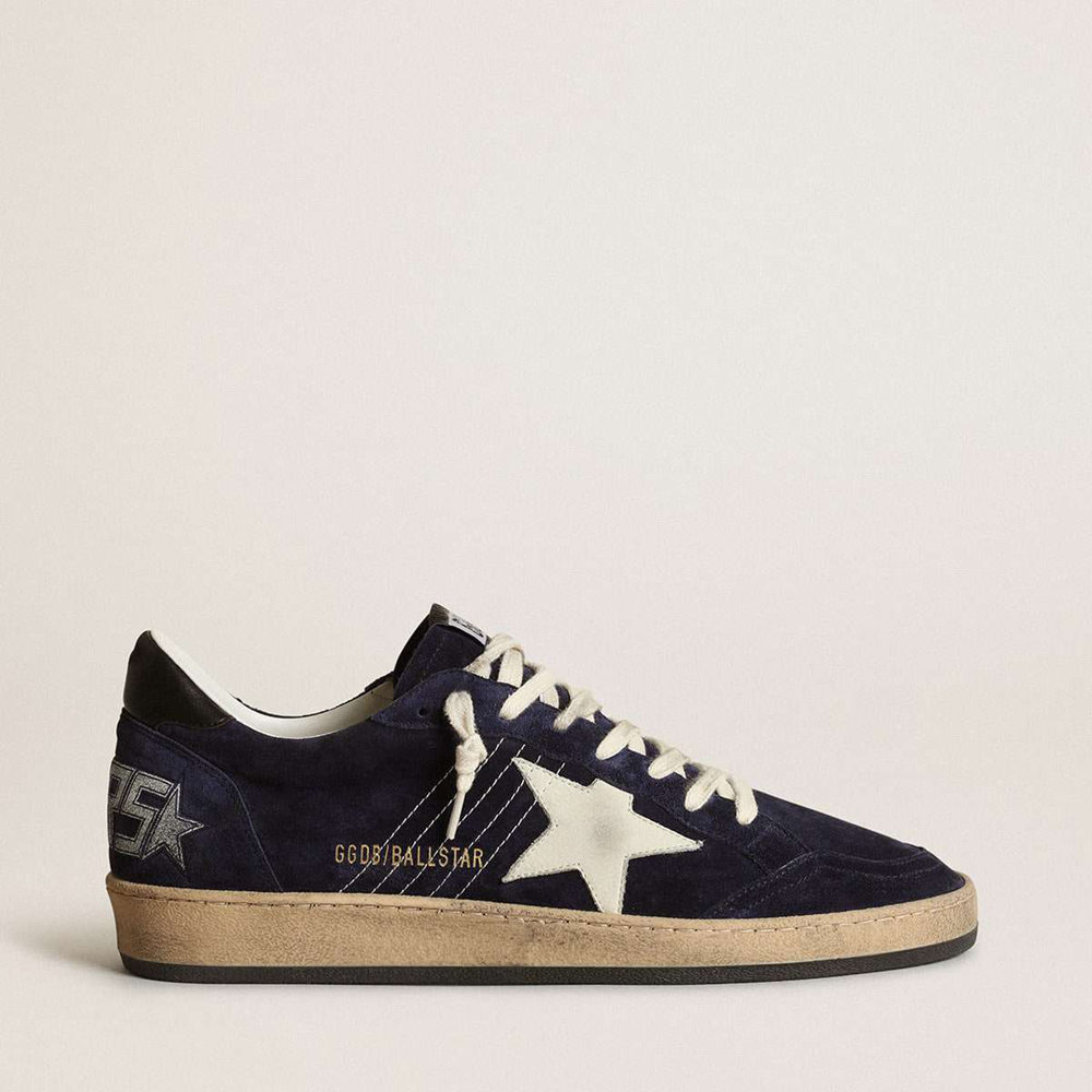 Golden Goose Ball Star Sneakers In Dark Blue Suede With White Nubuck Star