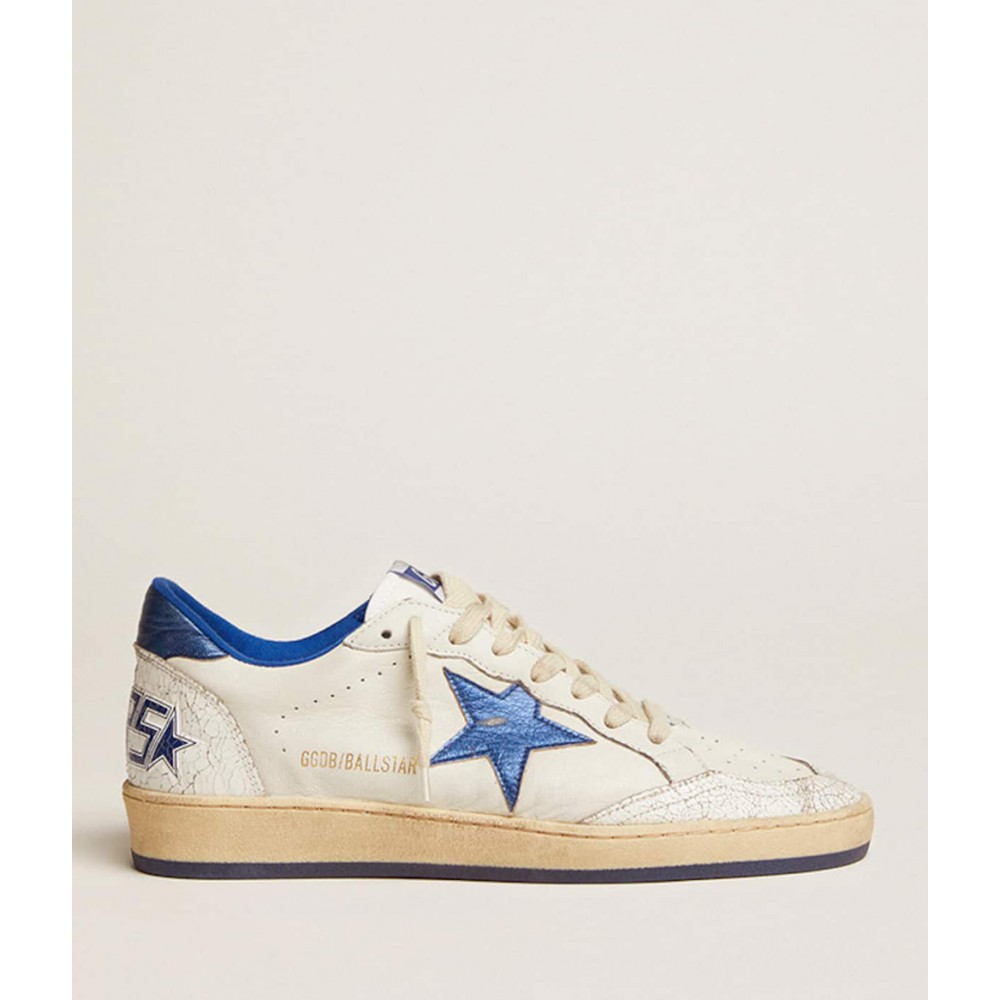 Golden Goose Ball Star Sneakers In White Nappa With Bright Blue Metallic Leather Star And Heel Tab