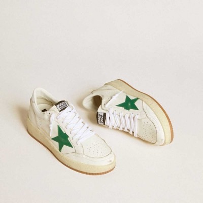 Golden Goose Ball Star Sneakers With Green Leather Star And Metallic Leather Heel Tab