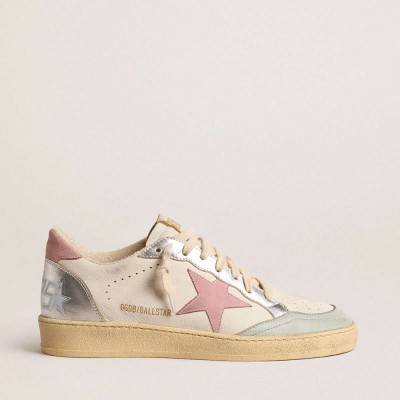 Golden Goose Ball Star Sneakers With Pink Suede Star And Metallic Leather Inserts