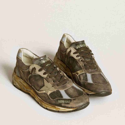 Golden Goose Dad-Star Shoes In Suede And Nylon With Khaki Leather Star And Heel Tab