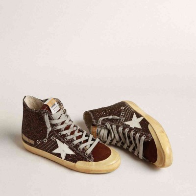Golden Goose Francy Penstar Sneakers In Brown Glitter With White Leather Star