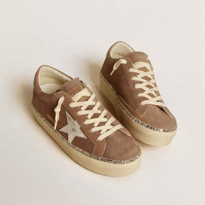 Golden Goose Hi Star Sneakers In Suede With Silver Leather Star And Leather Heel Tab
