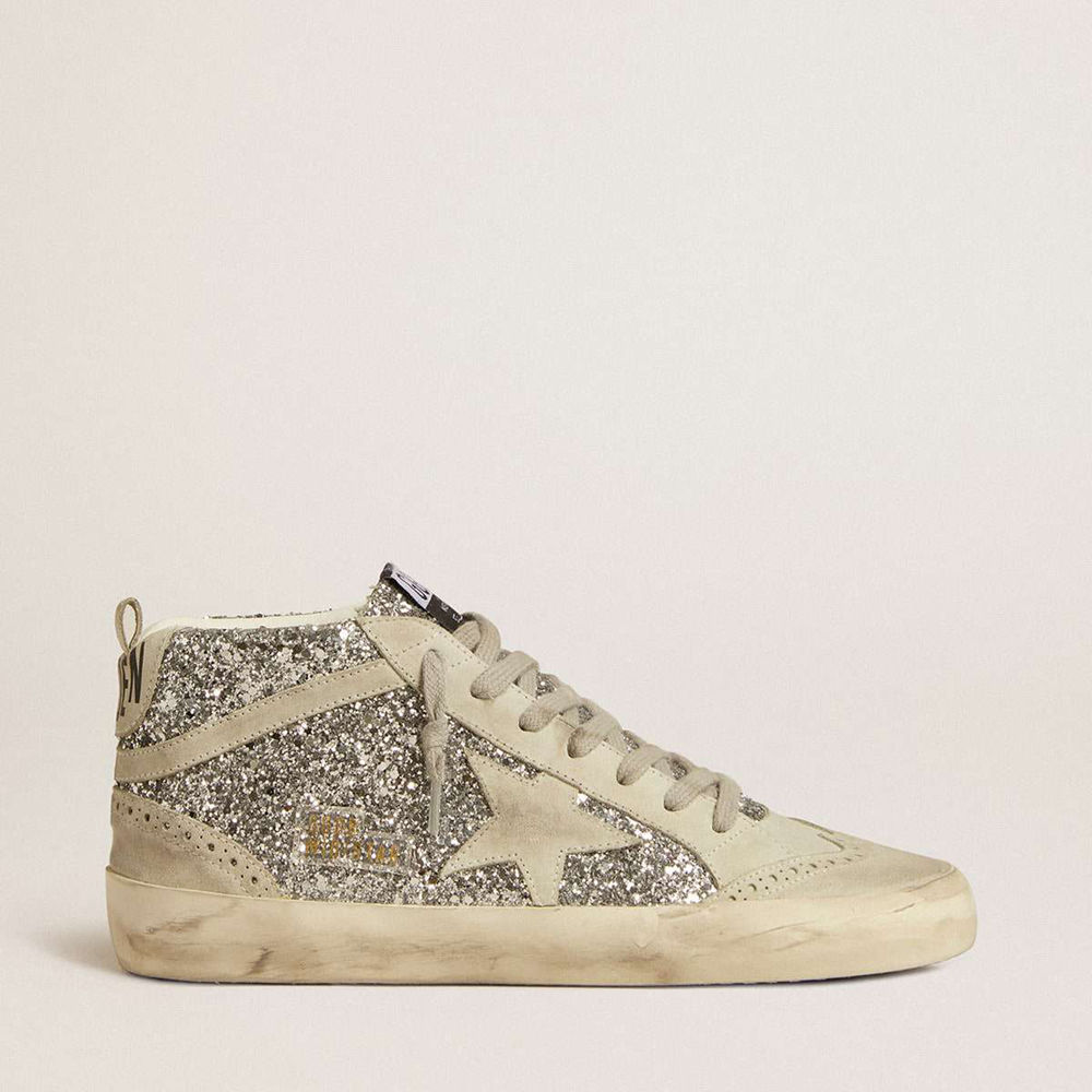 Golden Goose Mid Star Sneakers In Silver Glitter With Ice-gray Suede Star And Flash