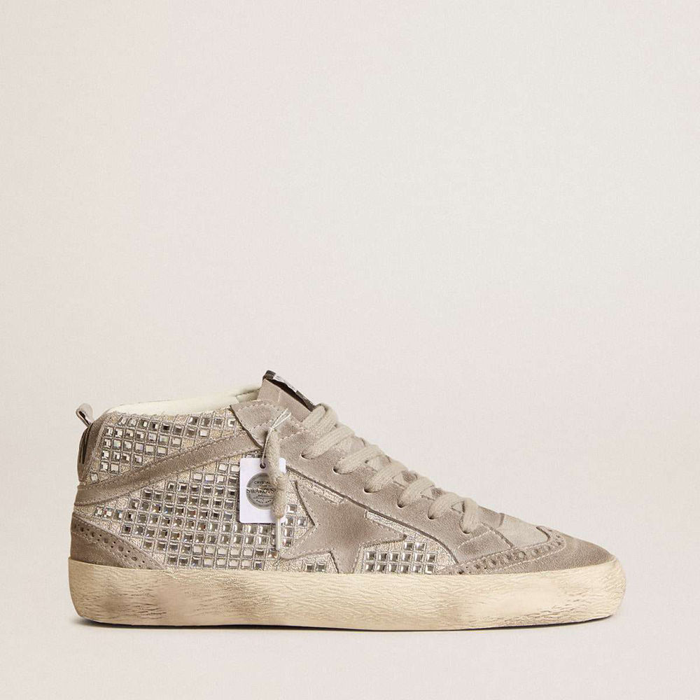 Golden Goose Mid Star Sneakers In Silver Suede With Swarovski Crystals And Suede Star
