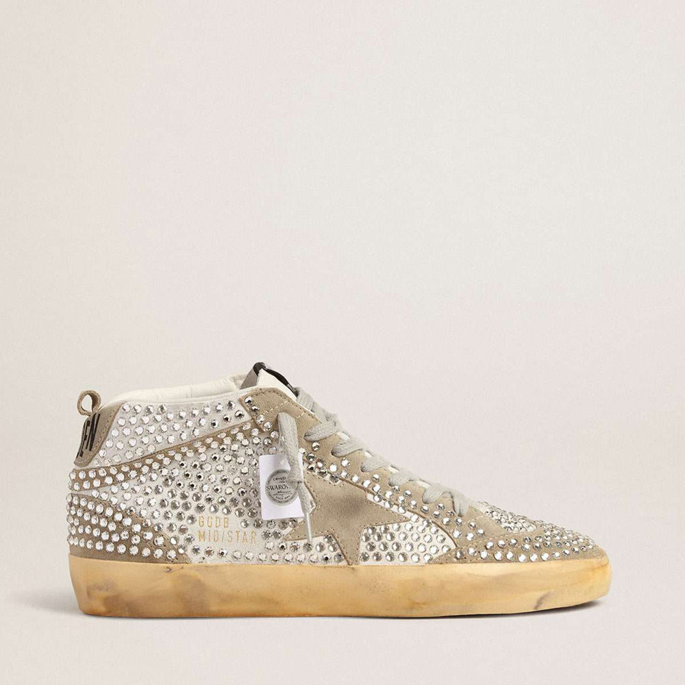 Golden Goose Mid Star Sneakers In White And Dove-gray Suede With Swarovski Crystals