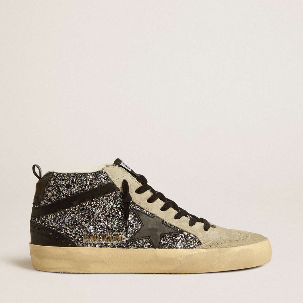 Golden Goose Mid Star LTD Sneakers In Black Glitter With Black Leather Star And Flash