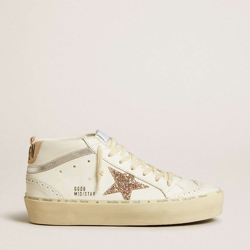 Golden Goose Mid Star Sneakers With Glitter Star And Metallic Silver Leather Flash