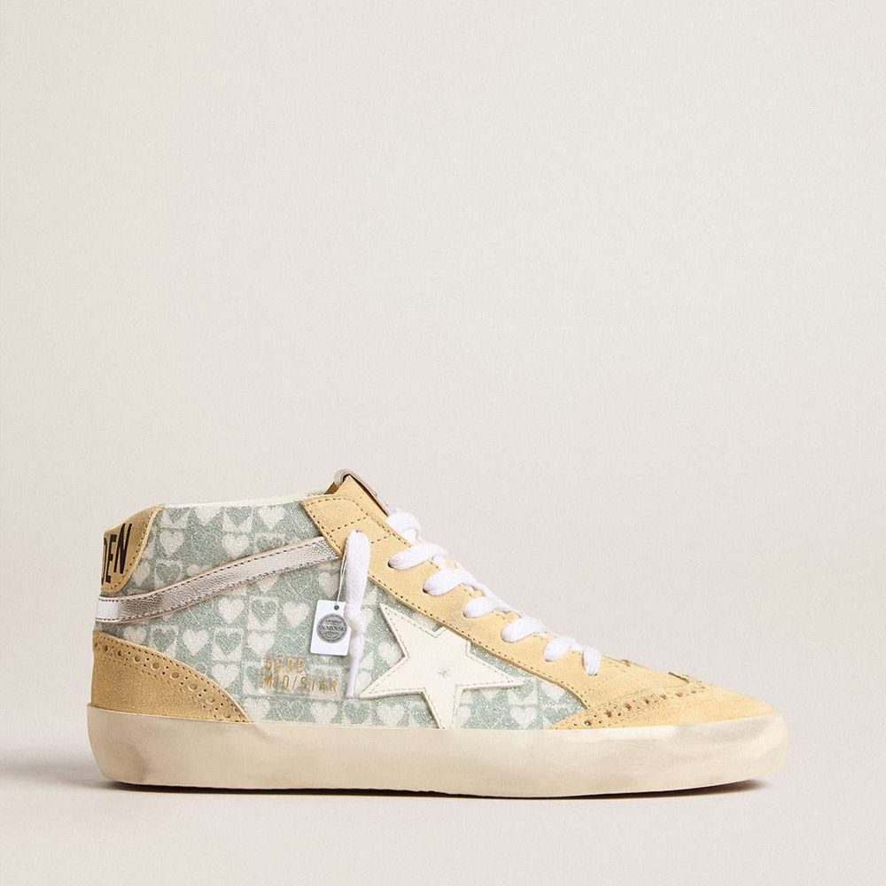 Golden Goose Mid Star Sneakers With Heart Print In Swarovski Crystals And Silver Flash