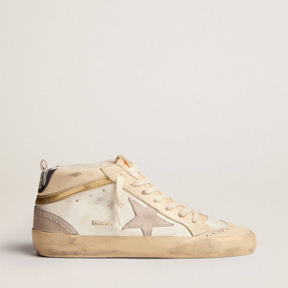 Golden Goose Mid Star Sneakers With Star In Light Gray Suede And Gold Flash
