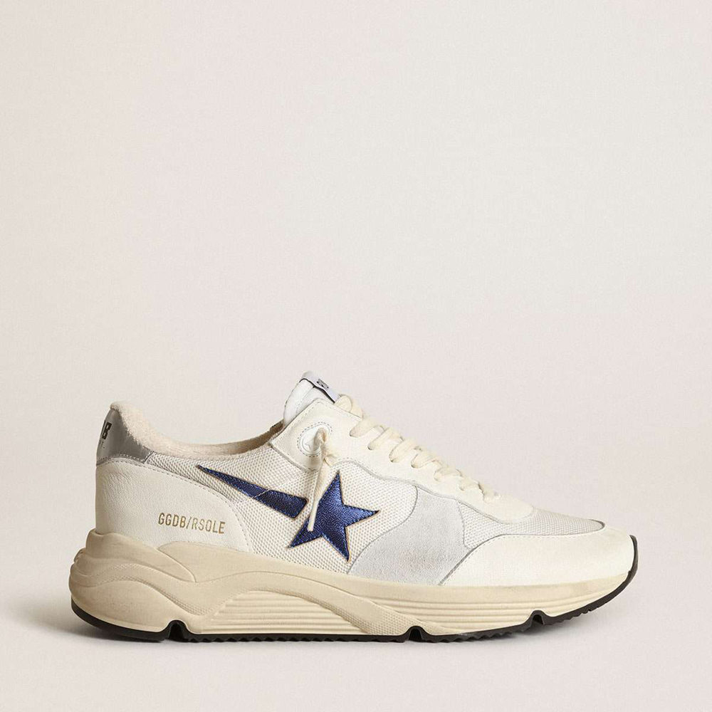 Golden Goose Running Sole Shoes In White Leather And Mesh With Blue Laminated Leather Star