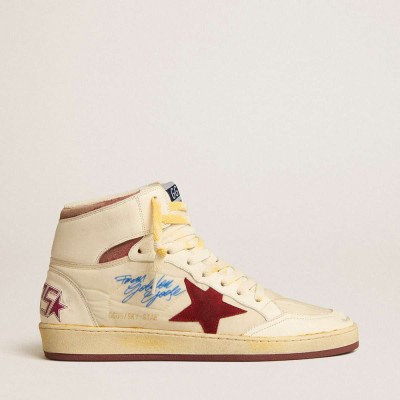 Golden Goose Sky-Star Sneakers In Beige Nylon And Nappa With Pomegranate Suede Star