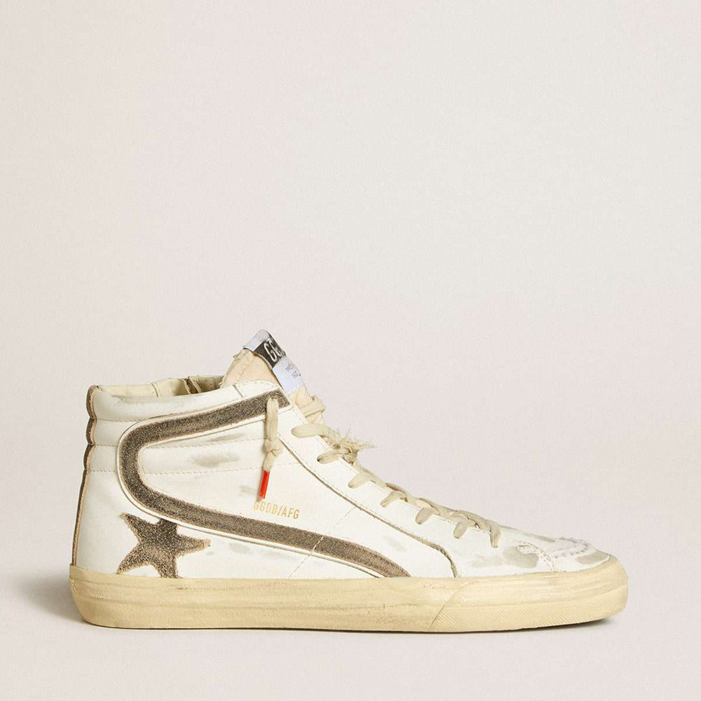 Golden Goose Slide Sneakers LAB In White Leather With Star And Flash In Brown Suede