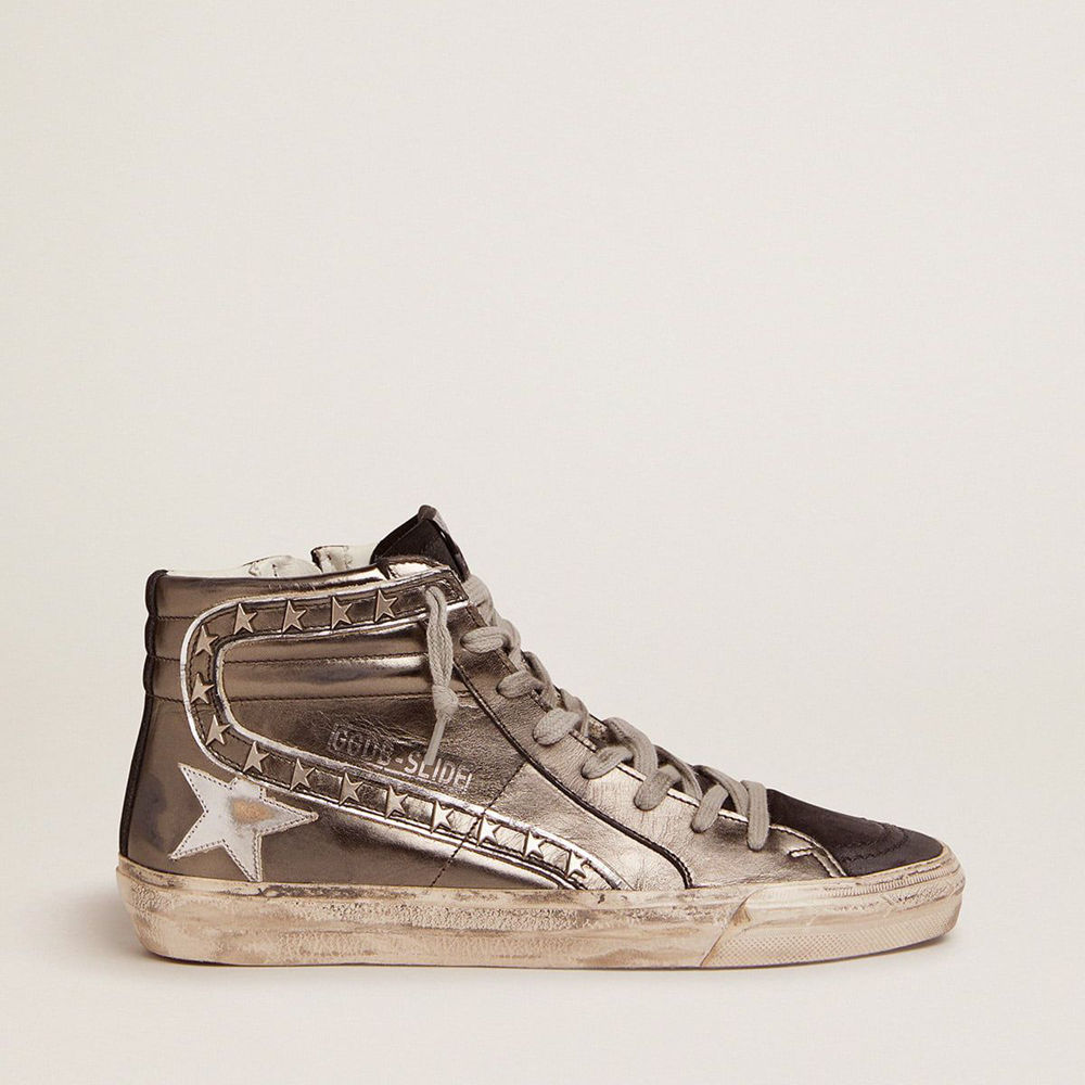 Golden Goose Slide Sneakers With Silver Laminated Leather Upper And Studs