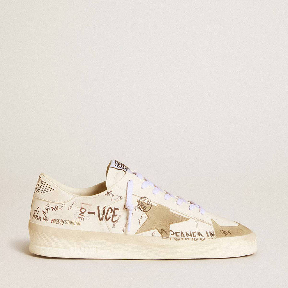 Golden Goose Stardan Sneakers In Leather With All-over Lettering And Ice-gray Suede Star