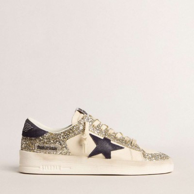 Golden Goose Stardan Sneakers In Platinum Glitter With Dark Blue Suede Star And Heel Tab