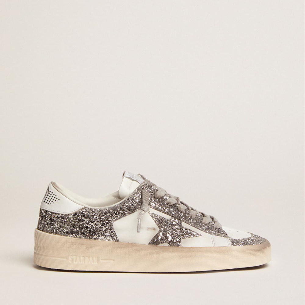 Golden Goose Stardan Sneakers In White Leather And Glitter