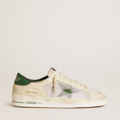 Golden Goose Stardan Sneakers In White Suede And Mesh With Green Leather Star And Heel Tab