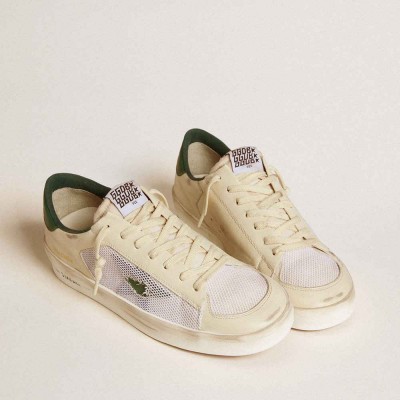 Golden Goose Stardan Sneakers In White Suede And Mesh With Green Leather Star And Heel Tab