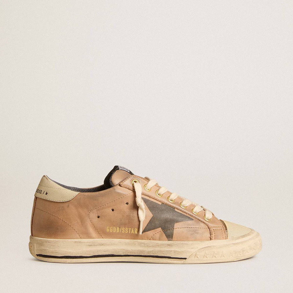 Golden Goose Super-Star Sneakers In Beige Nubuck With Black Printed Star And Leather Heel Tab