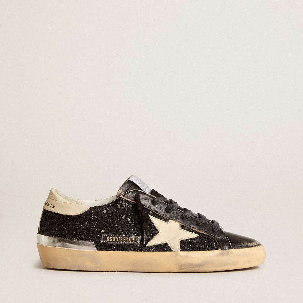 Golden Goose Super-Star Sneakers In Black Glitter And Nappa With Cream Leather Star And Heel Tab