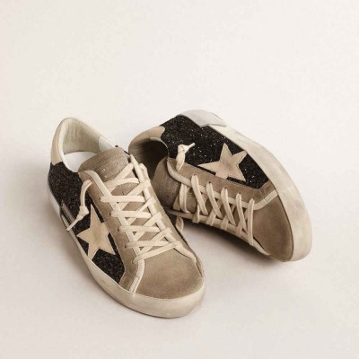 Golden Goose Super-Star Sneakers In Black Glitter With Cream Star And Suede Inserts