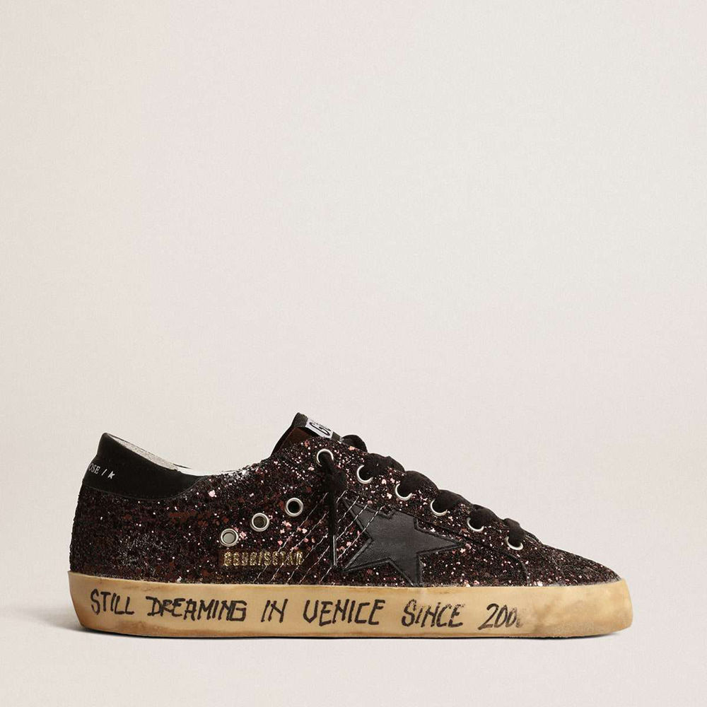 Golden Goose Super-Star Sneakers In Brown Glitter With Black Leather Star And Heel Tab