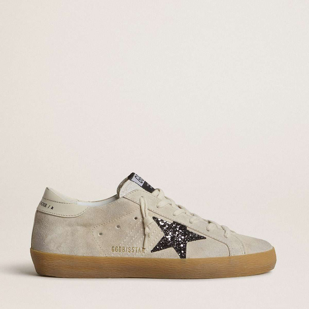 Golden Goose Super-Star Sneakers In Ice-gray Suede With Silver Glitter Star And Leather Heel Tab