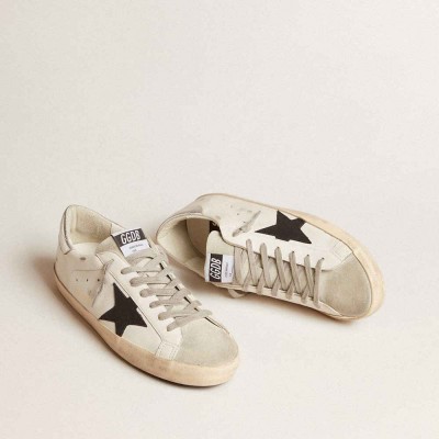 Golden Goose Super-Star Sneakers In White Leather With Black Nubuck Star And Silver Metallic Leather Heel Tab