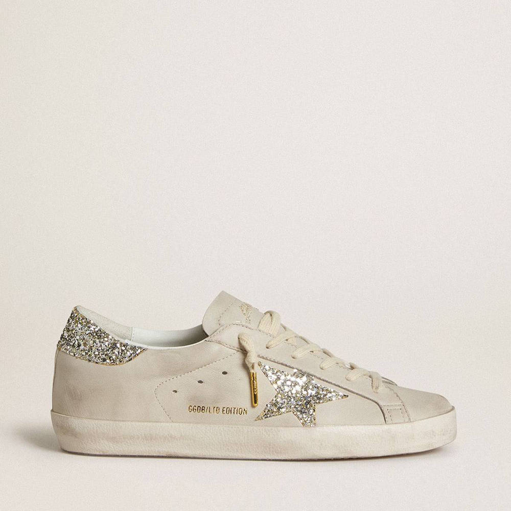 Golden Goose Super-Star LTD Sneakers In Ivory Nappa Leather With Platinum Glitter Star And Heel Tab