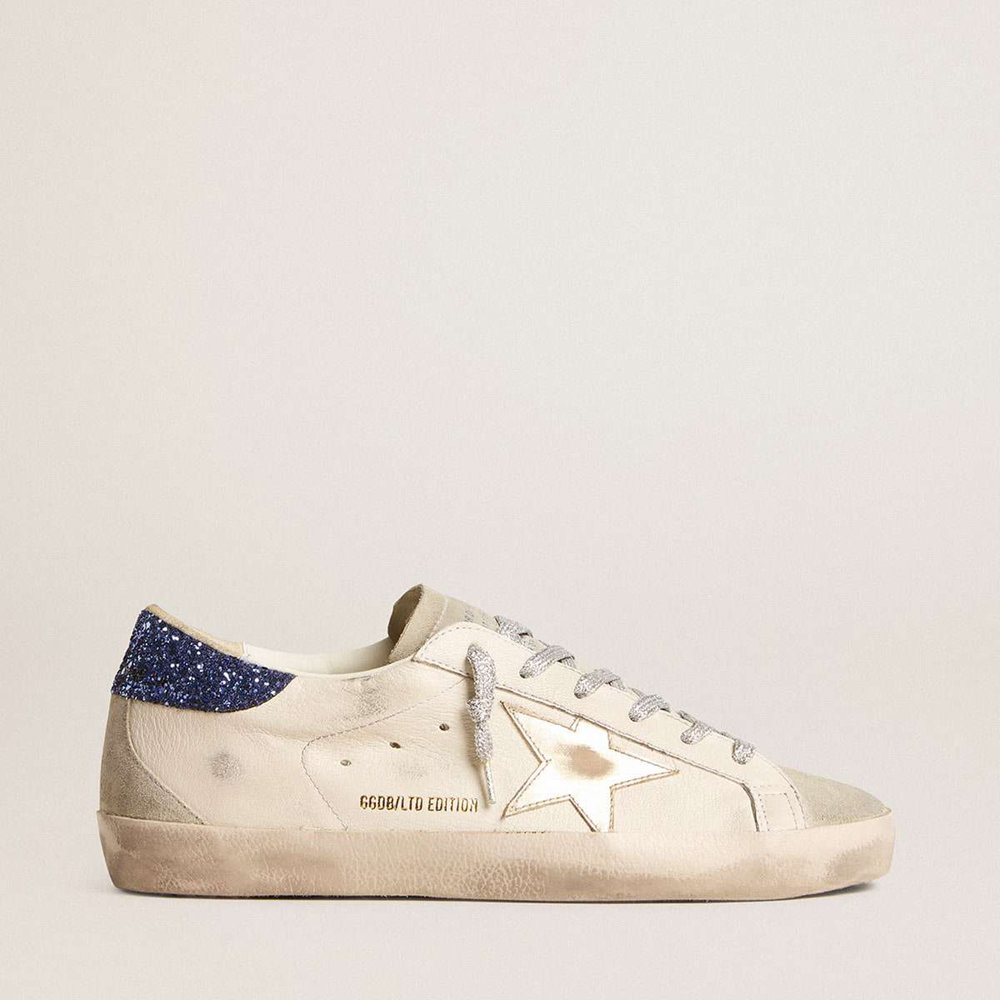 Golden Goose Super-Star LTD Sneakers In Nappa Leather With Platinum Star And Blue Glitter Heel Tab