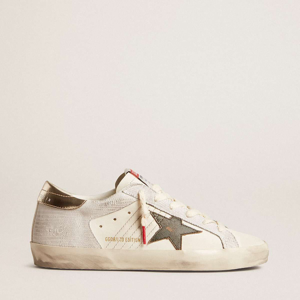 Golden Goose Super-Star Sneakers With Lizard Print With Green Star And Platinum Heel Tab