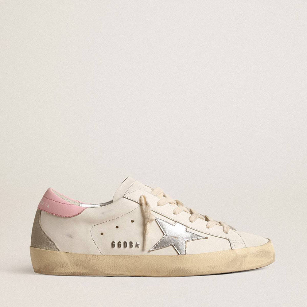 Golden Goose Super-Star Sneakers With Silver Leather Star And Pink Heel Tab