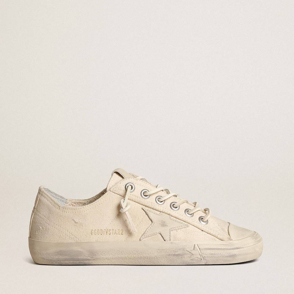 Golden Goose V-Star Sneakers In Light Cream Canvas With Milk-white Leather Star