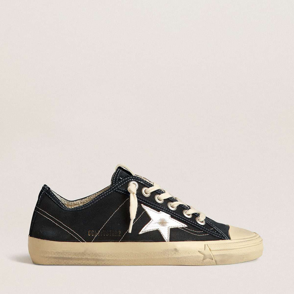 Golden Goose V-Star Sneakers In Navy-blue Canvas With A Silver Laminated Leather Star
