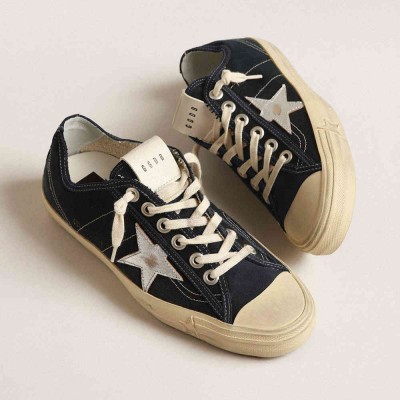 Golden Goose V-Star Sneakers In Navy-blue Canvas With A Silver Laminated Leather Star