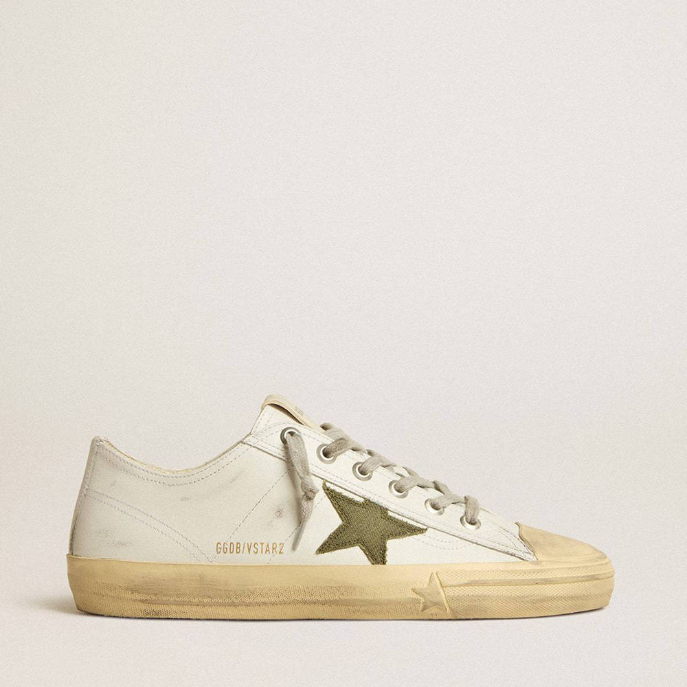 Golden Goose V-Star Sneakers In White Leather With Green Canvas Star