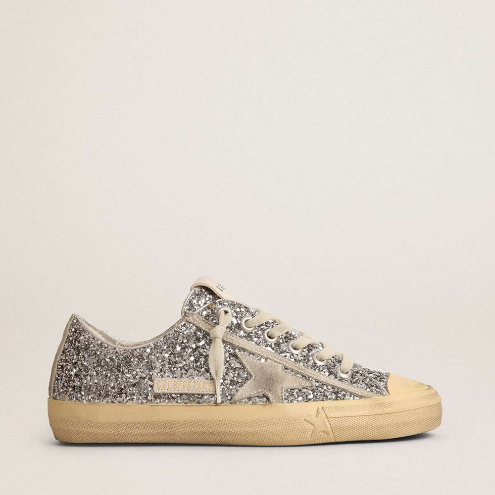 Golden Goose V-Star LTD Sneakers In Silver Glitter With Ice-gray Suede Star