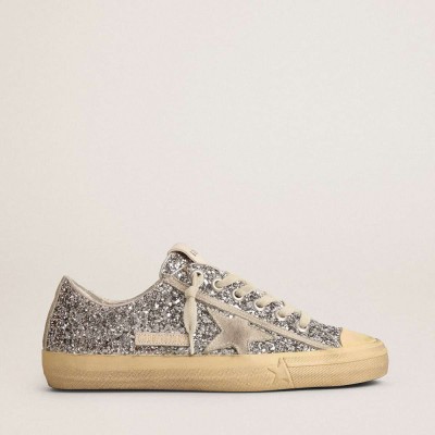 Golden Goose V-Star LTD Sneakers In Silver Glitter With Ice-gray Suede Star